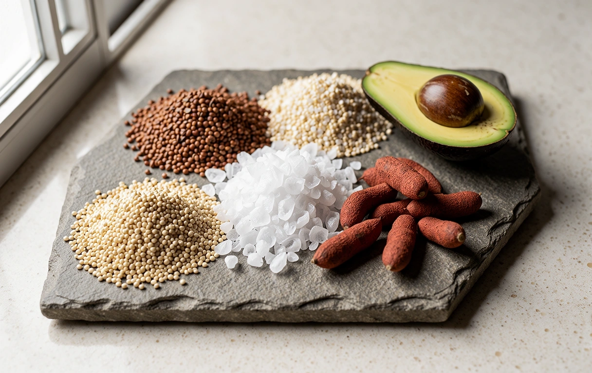 Ingredientes naturales peruanos sobre superficie de piedra