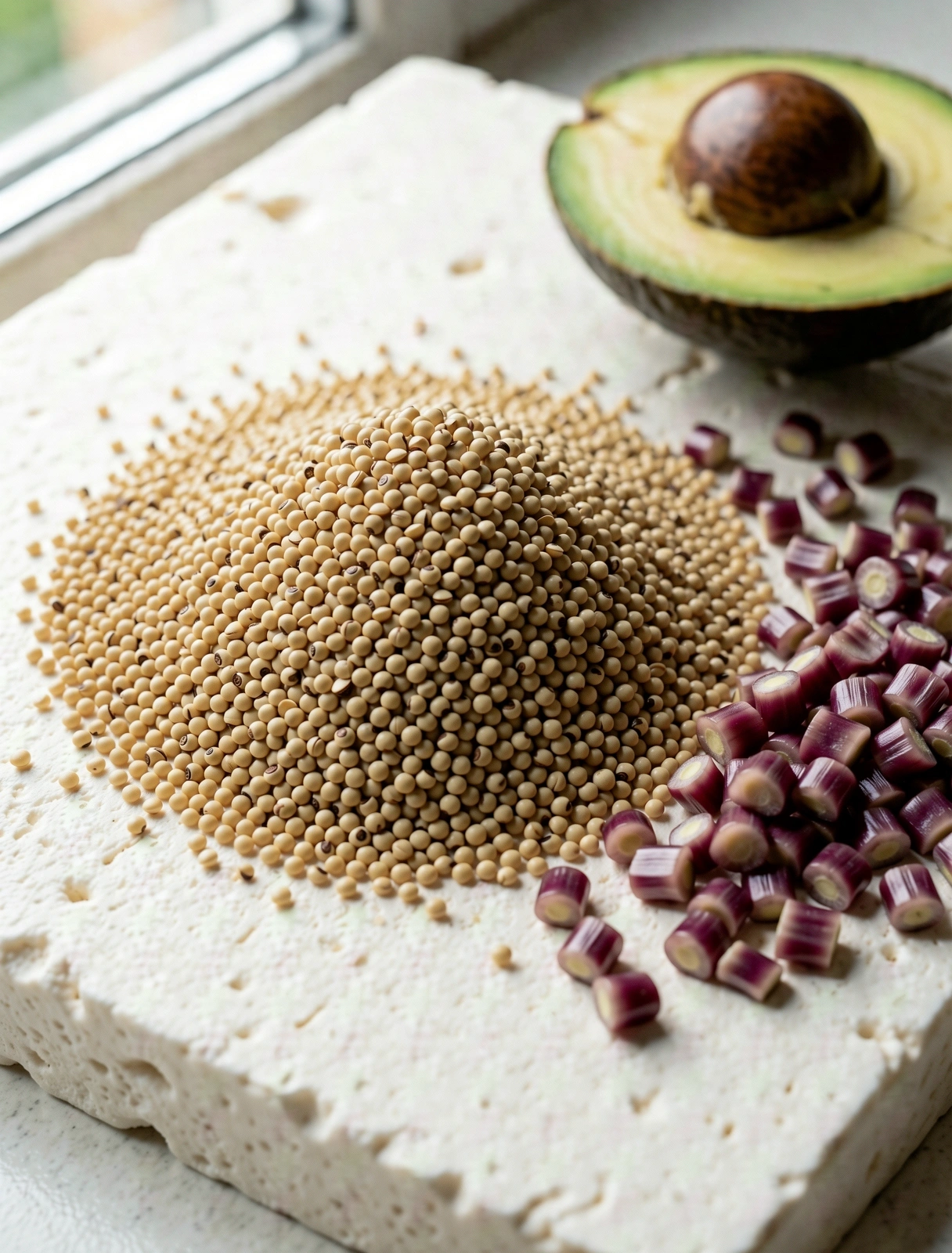 Ingredientes naturales peruanos sobre piedra caliza