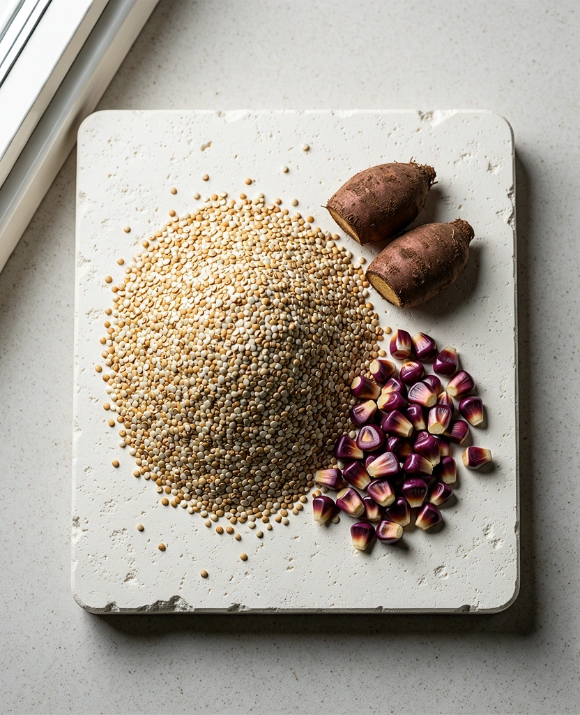 Ingredientes naturales peruanos sobre superficie de piedra
